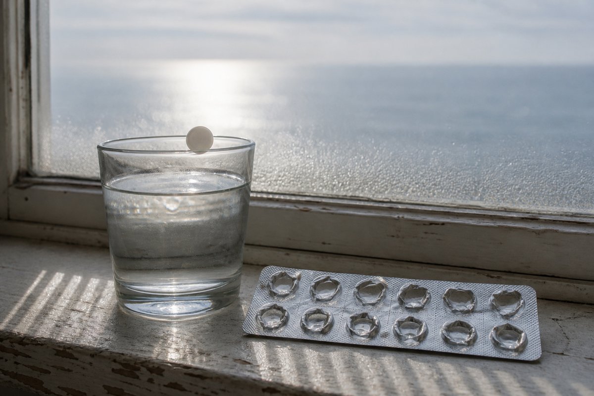 A close still life of a single unmarked white tablet resting on the rim of a plain glass tumbler of water, beside a blis