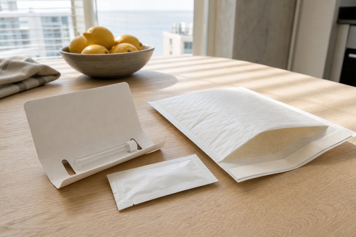 A plain home-delivered testing kit lies half-unpacked on a kitchen table by a window: a small sealed lancet pouch, a sli