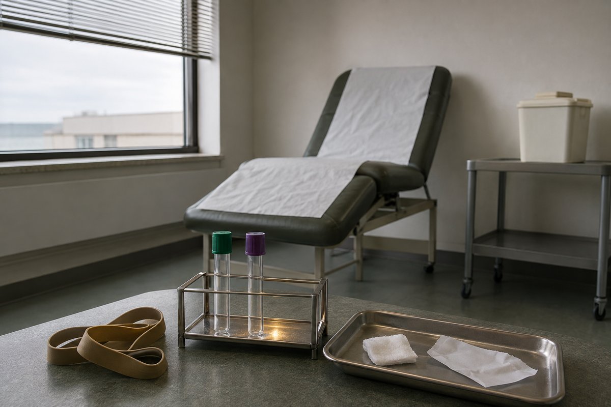 A small blood-draw room after the patient has gone: two capped tubes standing in a rack, a tourniquet coiled where it wa