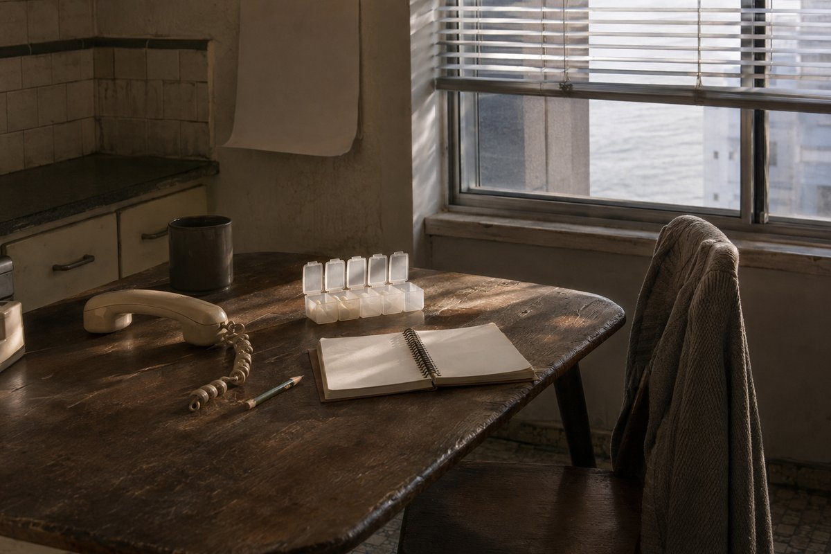 A kitchen table in the late afternoon holding the ordinary machinery of a family postponing a decision: a landline hands