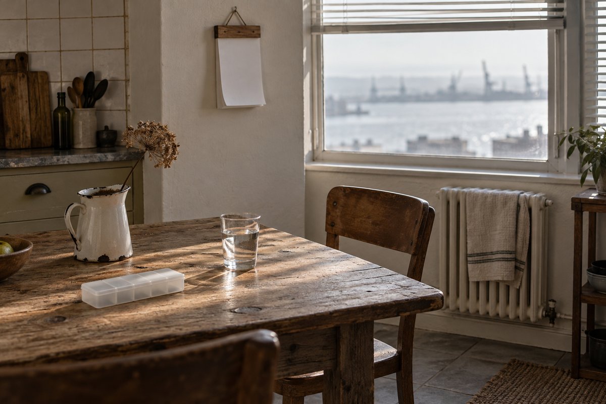 A still life about the distance between a group result and one person's months: a kitchen table in a flat where someone 