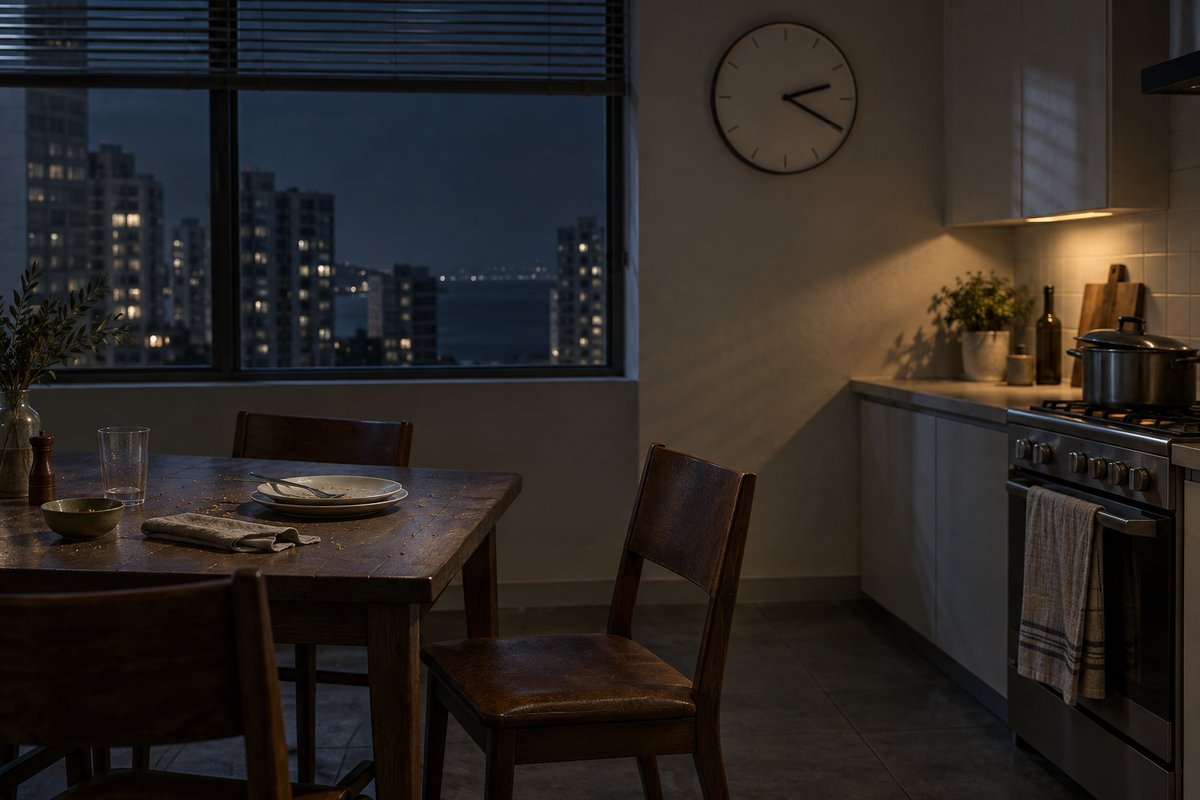 An empty kitchen well after an evening meal: two plates cleared and stacked, a pot left on the stove with the lid tipped