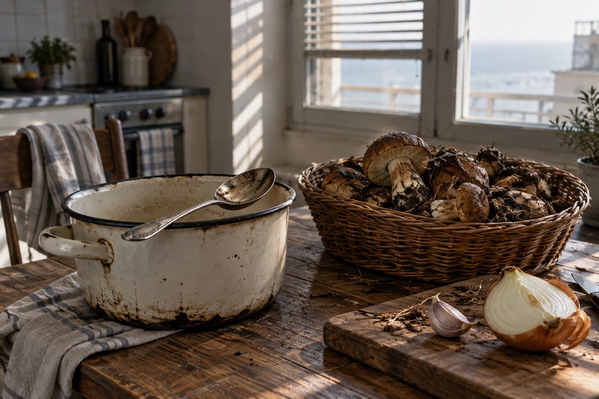 A tarnished silver spoon rests across the rim of a wide enamel pot on a kitchen table, beside a wicker basket of forest 