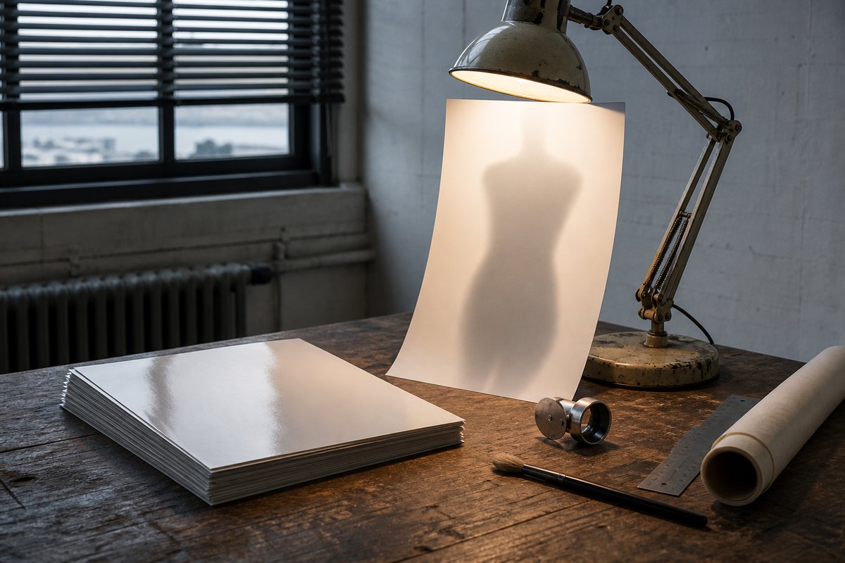 A still life on a photo-retoucher's worktable: a stack of glossy magazine pages face-down, one lifted and held up to a b