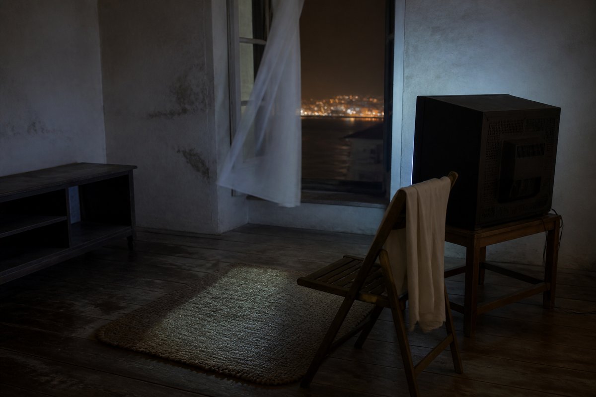 A darkened living room on the upper floor of a coastal apartment block, empty of people, with an old boxy television lef