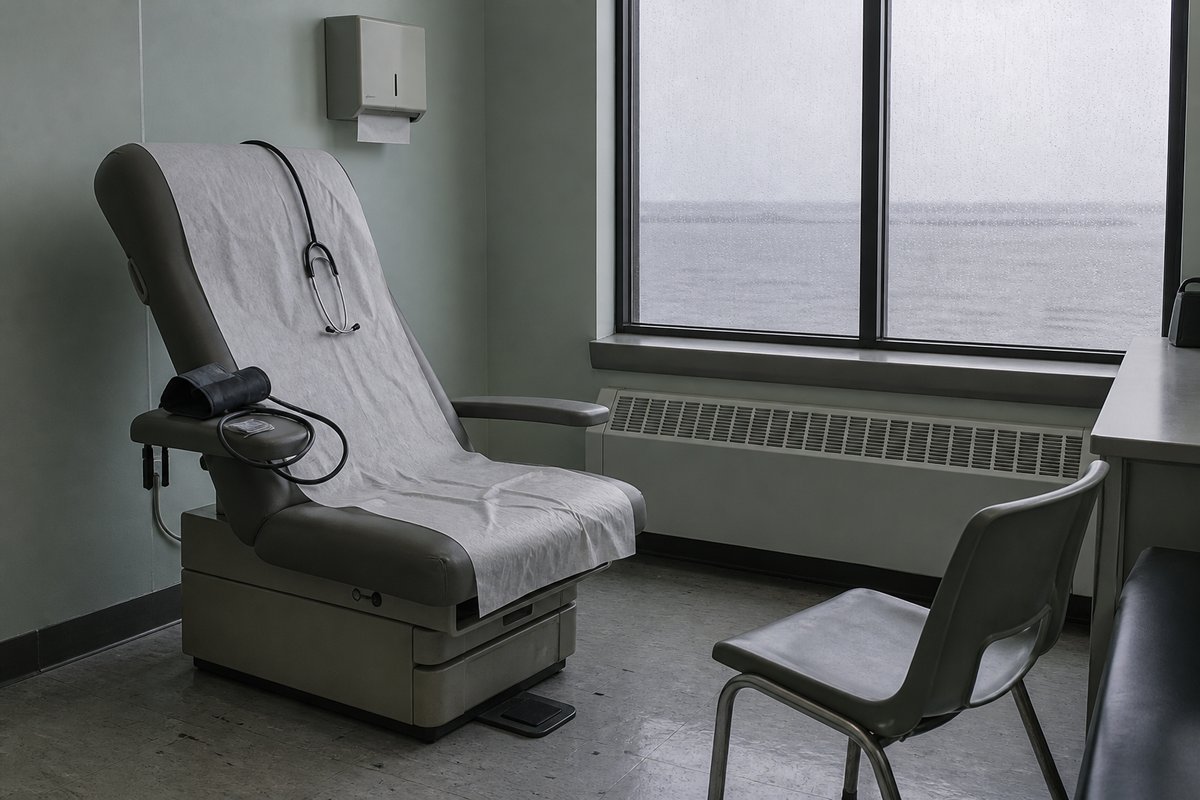 An empty clinic consultation room after hours, the examination chair still turned toward where a patient sat, a blood-pr