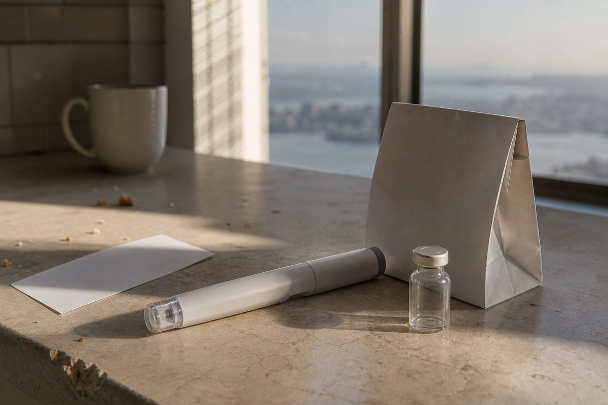 A still life of an unopened weekly injector pen lying on a bare kitchen counter beside a small unlabelled glass vial and