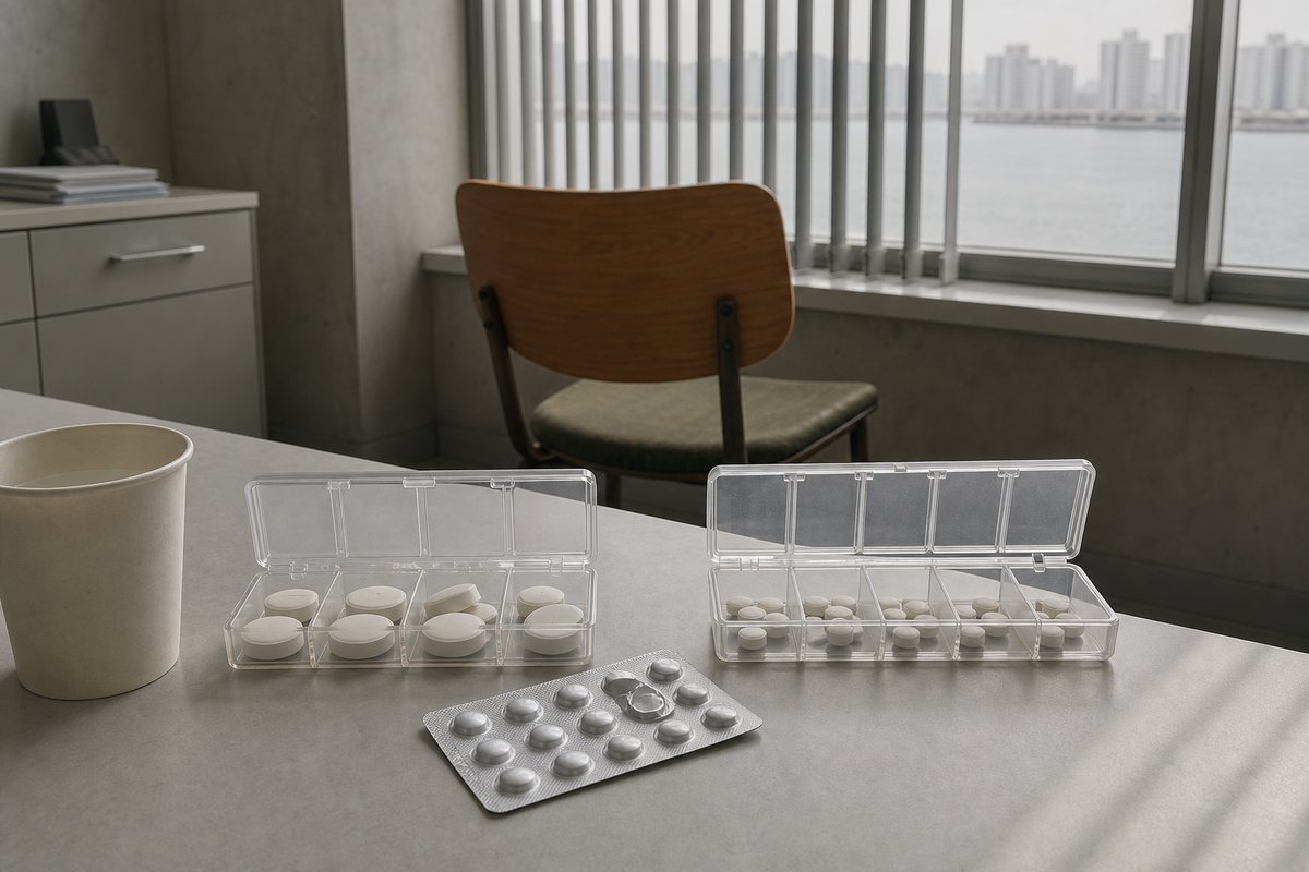 Two identical clear pill organisers sit side by side on a clinic desk, one filled with visibly larger tablets than the o