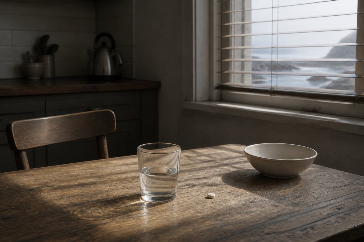 A kitchen table at first light, arranged exactly as the thirty-minute fasting window demands: one small glass holding ba