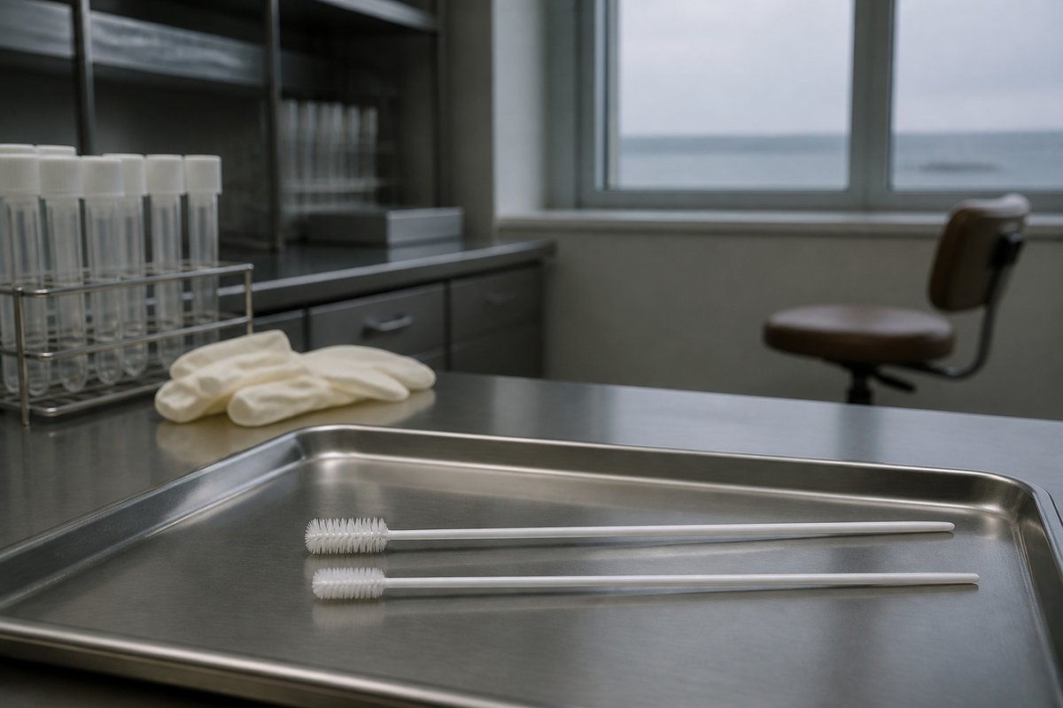 Two nearly identical sampling brushes lie side by side on a lab bench, one a few millimetres broader in the head than th