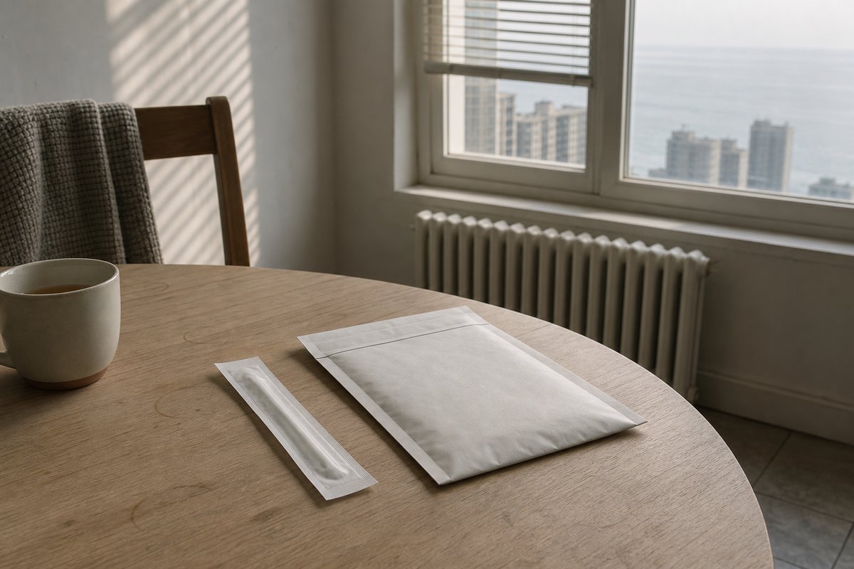 A small unopened self-sampling kit lies on a kitchen table beside an unopened envelope, exactly as it arrived by post — 