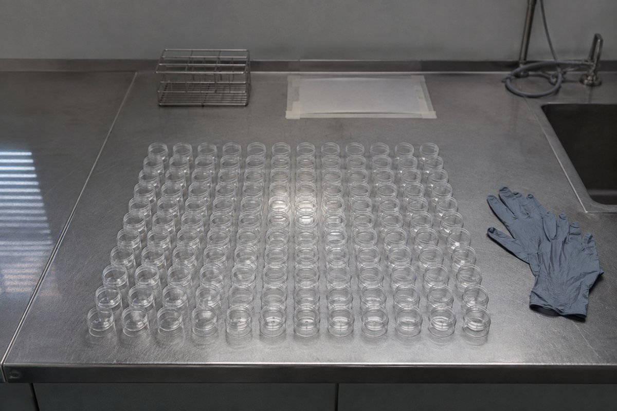 A hundred small identical containers set out in a grid on a laboratory bench, the arithmetic of screening made physical: