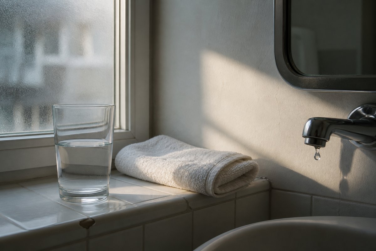 A bathroom windowsill at early morning, where a single episode of visible blood in urine has already come and gone. A pl