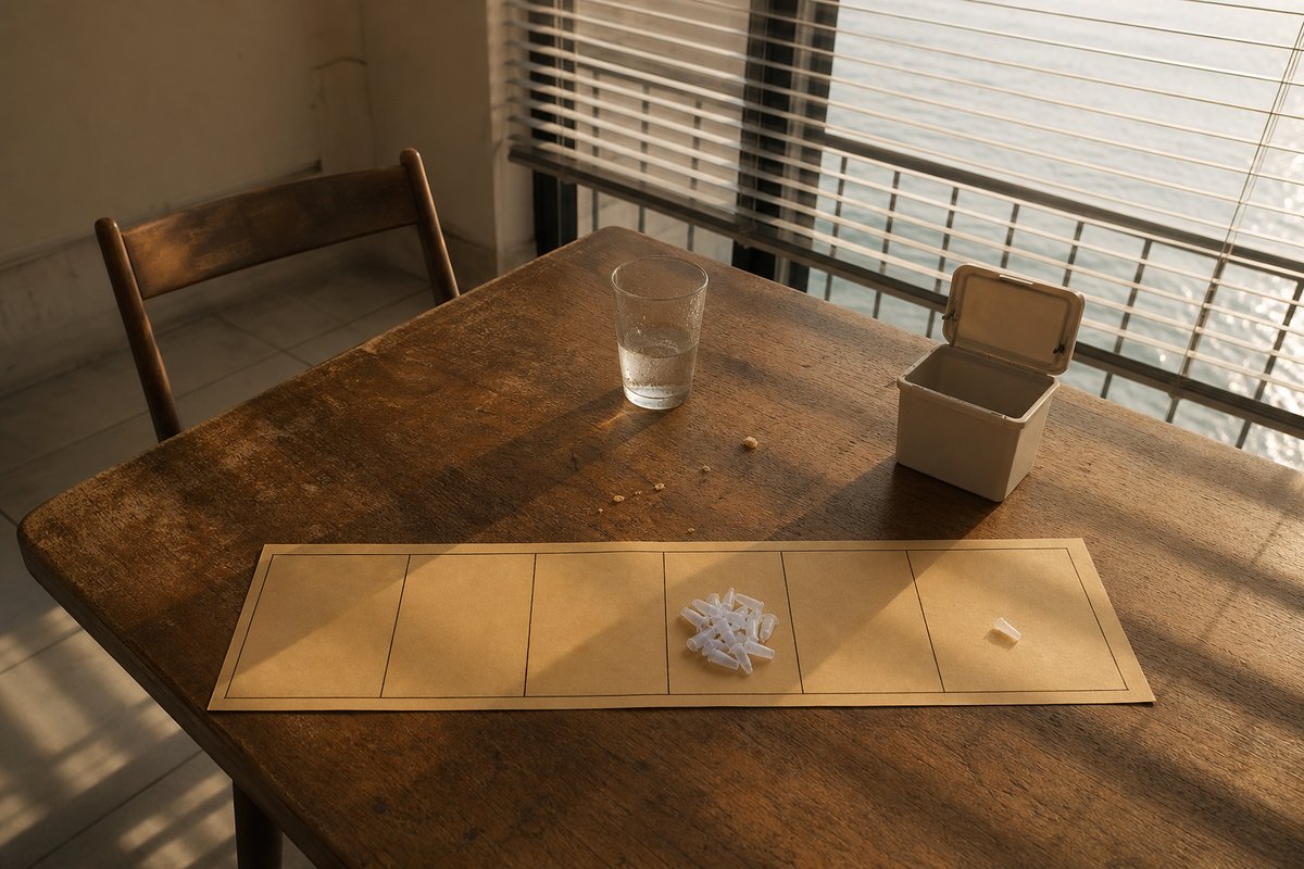 An empty kitchen table at the end of a week, seen from above: a paper wall calendar with seven blank ruled boxes, and on
