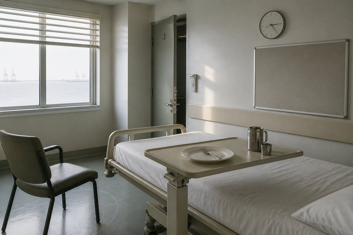 An emptied metabolic-ward room after the trays have gone out: a single bed with the sheet drawn tight, a wheeled overbed