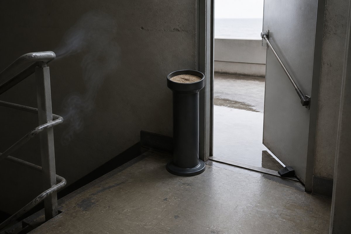 An empty stairwell landing outside an office at the hour people used to come down for a cigarette: a tall sand-filled as