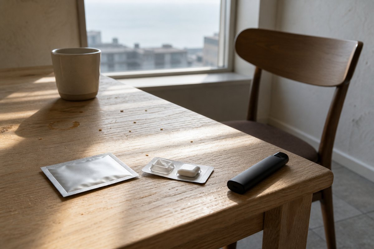 A still life of the failed attempts that come before the one that works: a nicotine patch still in its foil sleeve, a ha