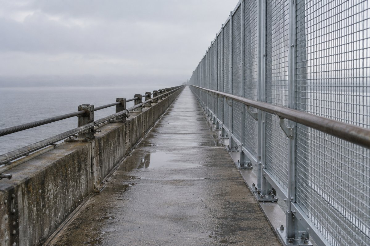 An empty pedestrian walkway on a high coastal bridge in flat morning light, photographed straight down its length. A tal