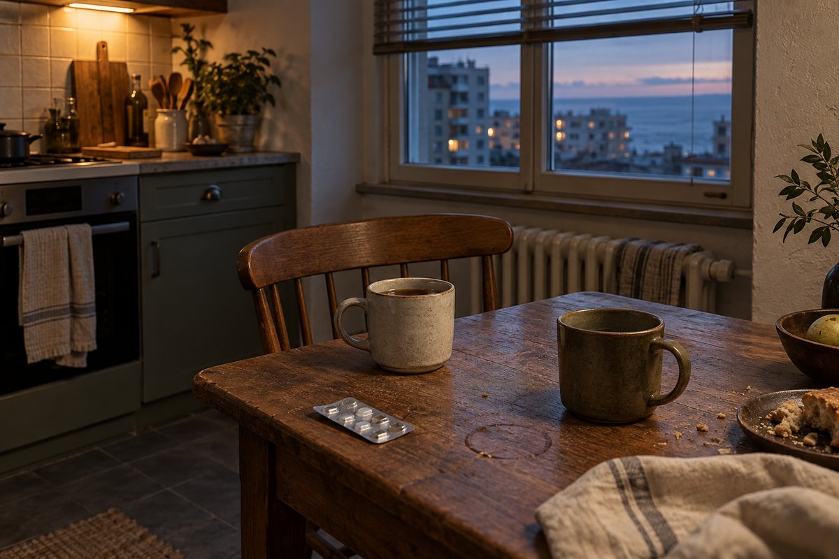 A kitchen table late in the evening, just after someone has asked the direct question and is waiting. Two mugs sit acros