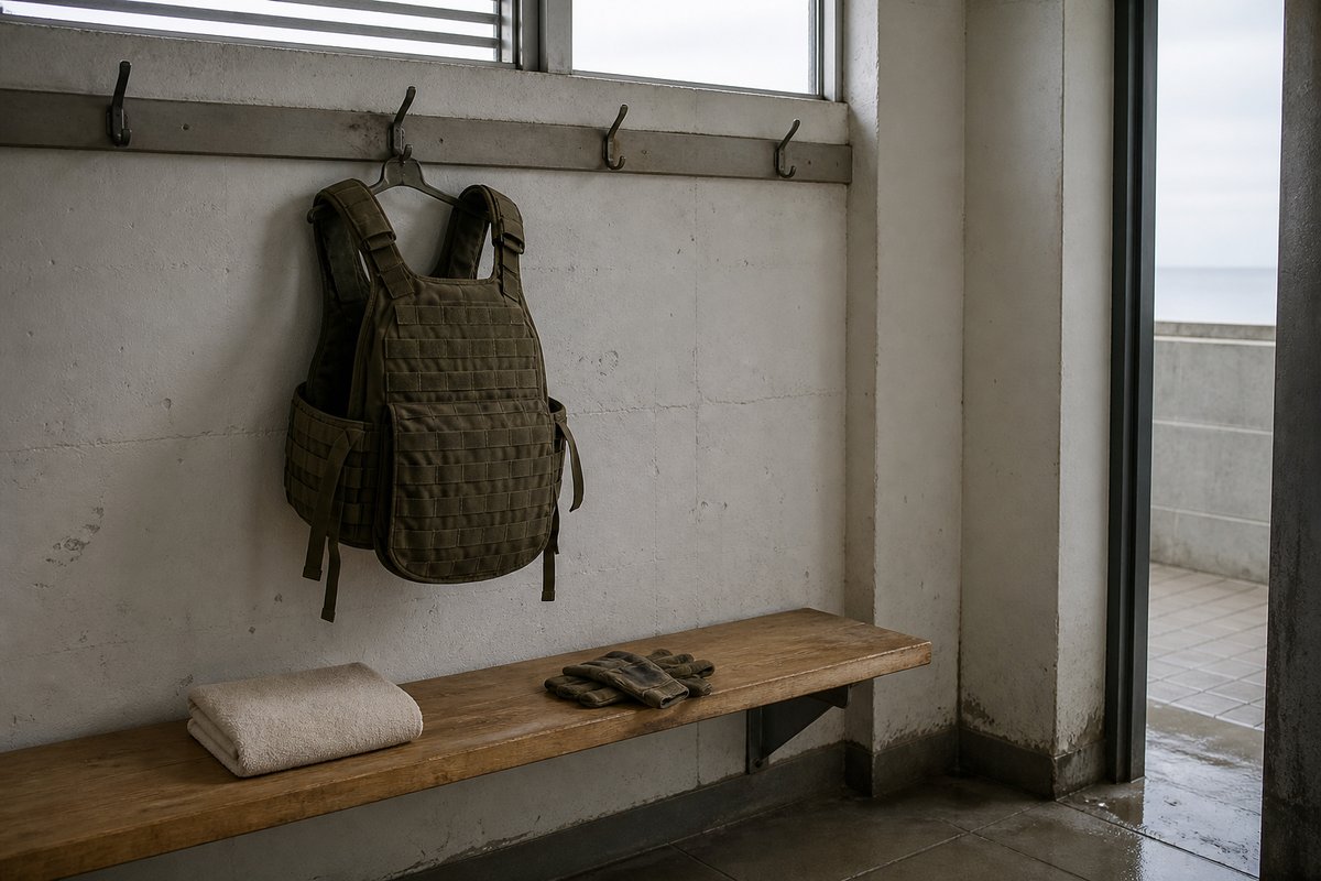 A body-armour plate carrier hangs alone from a hook on the wall of an empty changing room, the shoulder straps pulled to