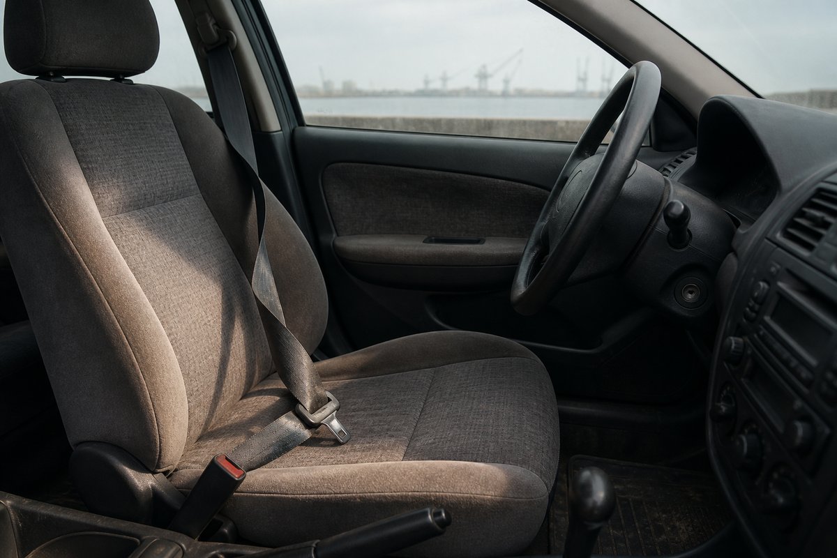 A car seat belt lies unbuckled across the empty driver's seat of a parked sedan, the webbing twisted where it would cros